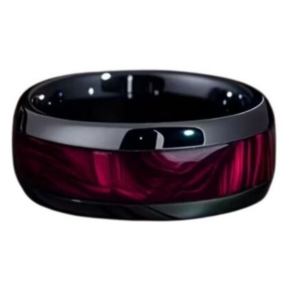 Tungsten Carbide Steel High Polished Red Marble Statement Wedding band - Picture 5 of 8